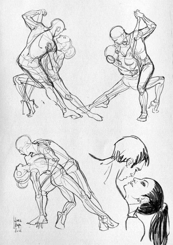 Sketches of dance couples in various tango poses and a close-up of a couple about to kiss; detailed line art drawings.