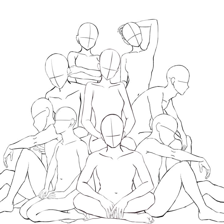 Sketch of nine faceless human figures in various sitting and standing poses, useful for art reference and anatomy practice.