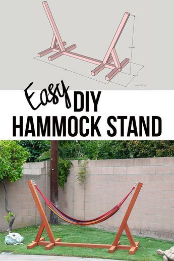 Easy DIY hammock stand plans and finished product in a backyard setting, perfect for relaxing outdoors.