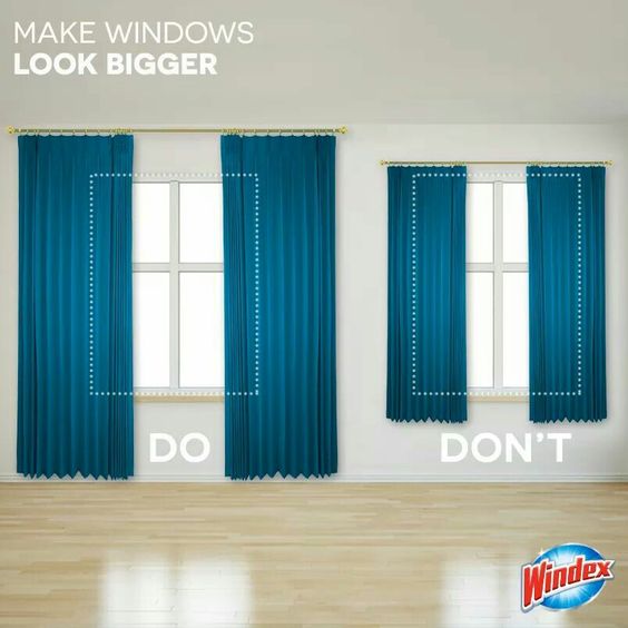 Proper curtain placement to make windows look bigger, with a Do and Don't example next to the Windex logo.