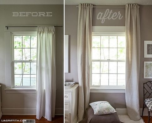 Before and after comparison of window curtains transformation, with updated thicker, longer curtains in a modern living room.