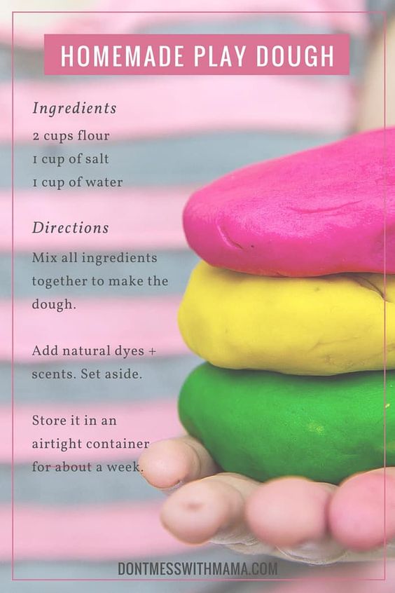 DIY Homemade Play Dough Recipe: Ingredients include flour, salt, and water. Mix, add dyes, and store in airtight container for a week.