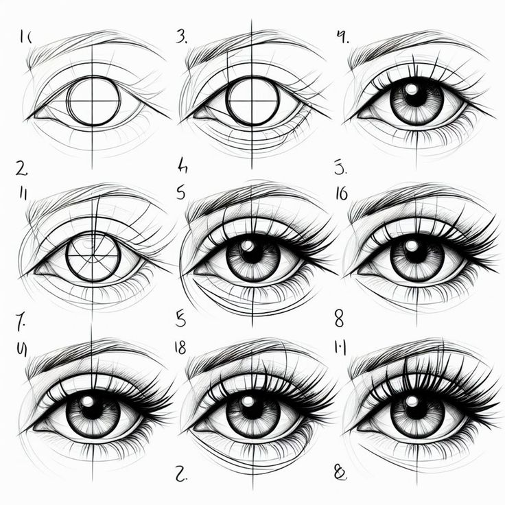 Step-by-step guide on how to draw realistic eyes, showcasing techniques and stages of drawing details accurately.