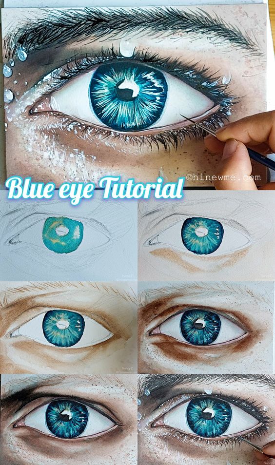 Step-by-step blue eye drawing tutorial showcasing detailed progress from sketch to realistic, vibrant final artwork.