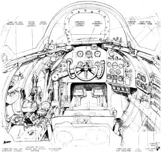 Detailed black and white sketch of a cockpit with labeled controls and instruments, showcasing intricate aviation design.