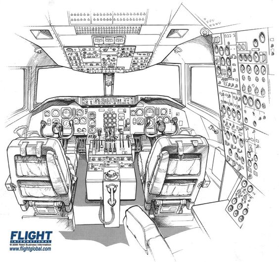 Sketch of an airplane cockpit featuring pilot seats, control panels, and instrumentation, illustrating detailed aviation equipment.