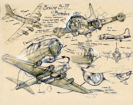 Detailed sketches and annotations of the Boeing B-17 Bomber, illustrating different views and technical features of the aircraft.