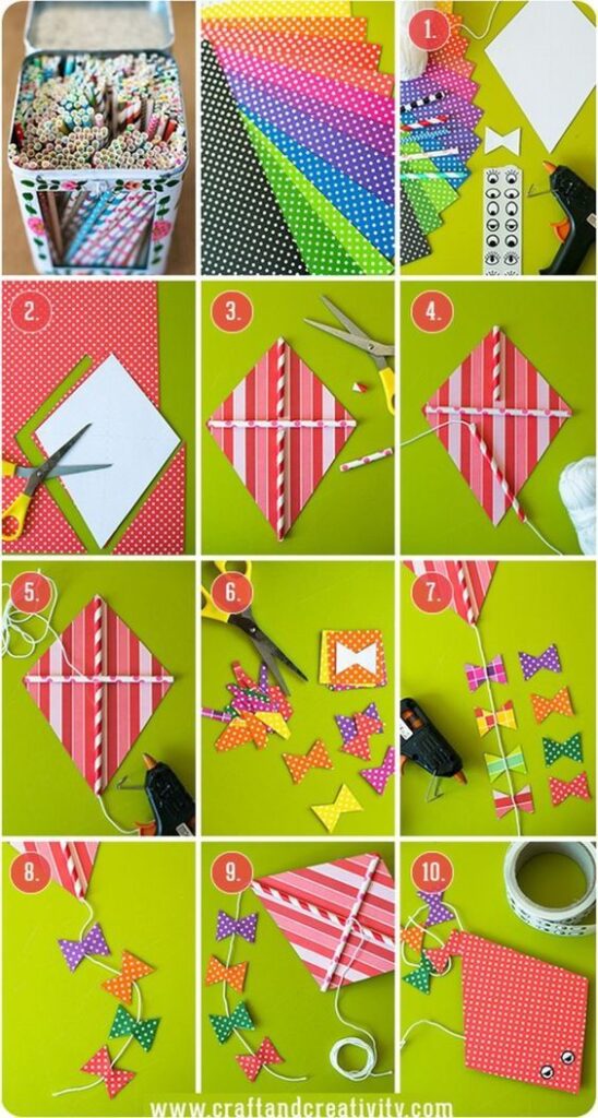 Step-by-step instructions for making a colorful, DIY paper kite with bows using patterned paper, glue, and string.