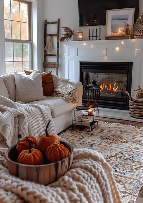 Cozy living room with fall decor, featuring a white couch, fireplace, candles, pumpkins on a knitted blanket, and autumn accents.