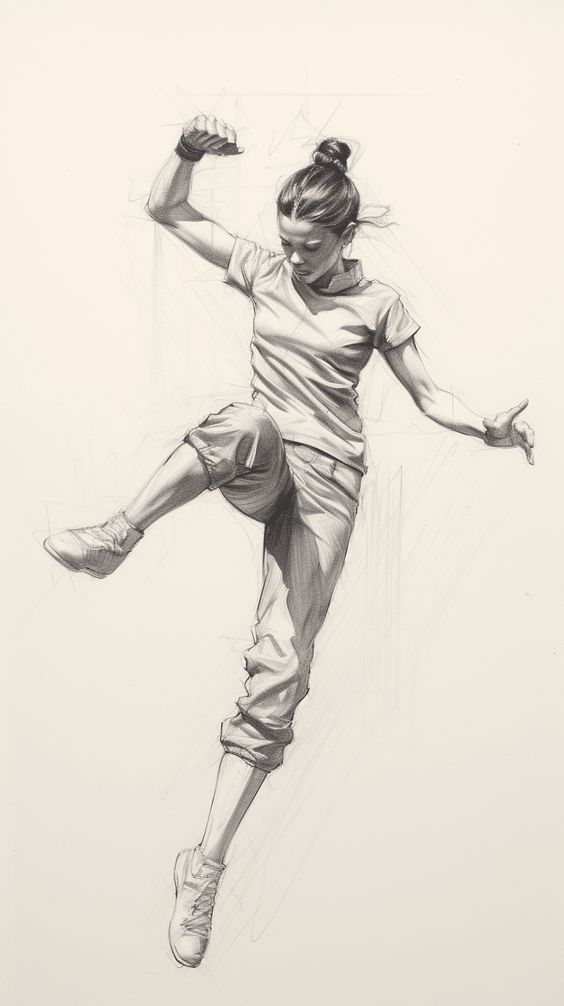 Sketch of a woman in a dynamic martial arts karate kick pose, wearing casual clothes with a determined expression.