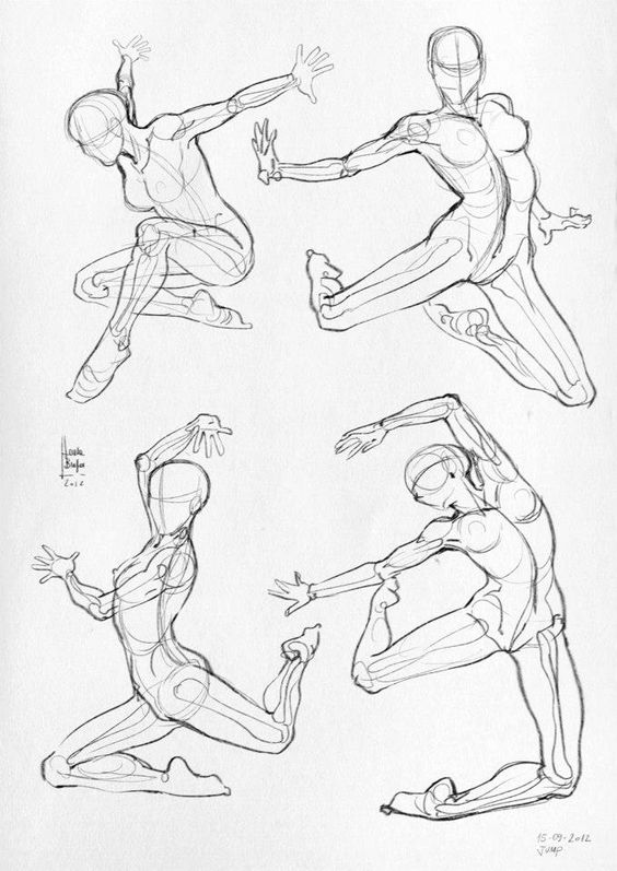 Sketch of four dynamic human poses, demonstrating balance and fluidity in motion. Art by Hamish Steele, 2012.