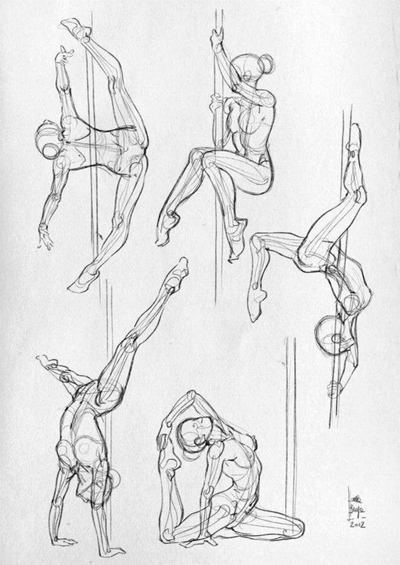 Sketches of human figures practicing various pole dance poses, showcasing flexible movements and detailed anatomical study.