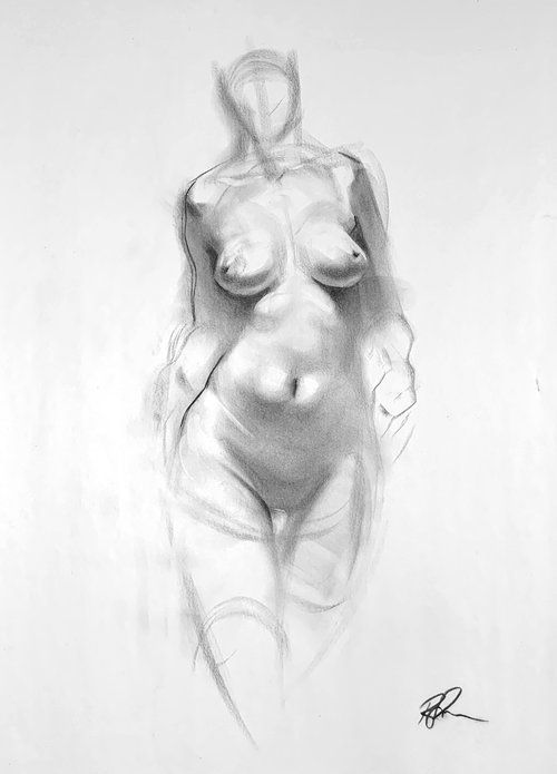 Charcoal sketch of a faceless female nude figure highlighting the body contours and shadows, signed by the artist.