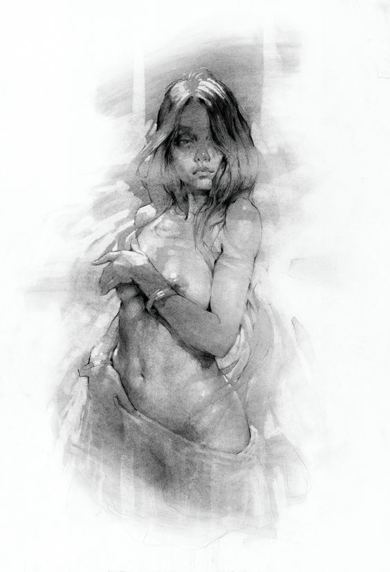 Black and white sketch of a partially covered woman with long hair, displaying a soft, ethereal, and artistic impression.