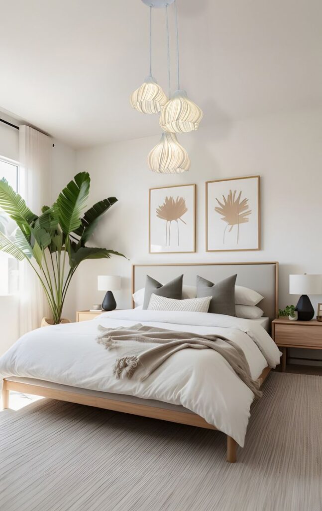 Modern bedroom with cozy bedding, elegant pendant lights, large houseplant, and minimalist wall art for a serene atmosphere.