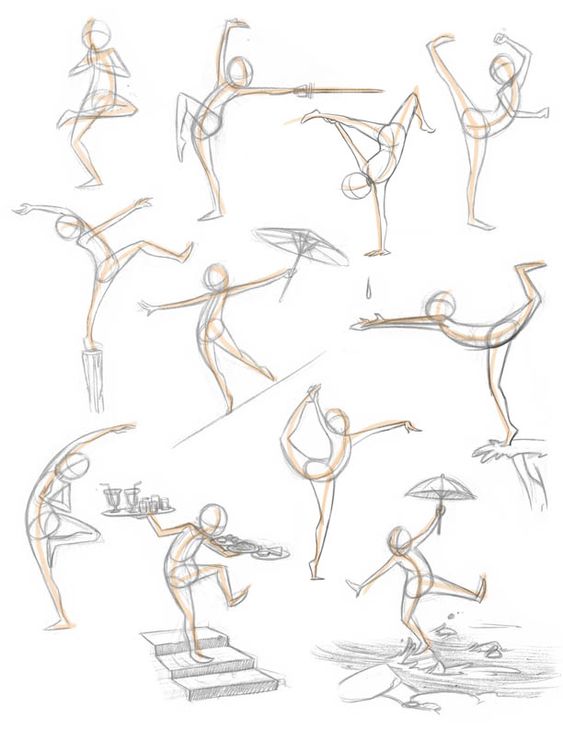 Sketches of dynamic stick-figure poses in various activities including ballet, tightrope walking, and balancing with an umbrella.