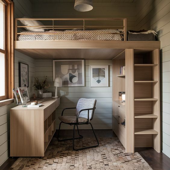 Stylish loft bed with a wooden desk setup, chair, and shelves in a modern small space bedroom.