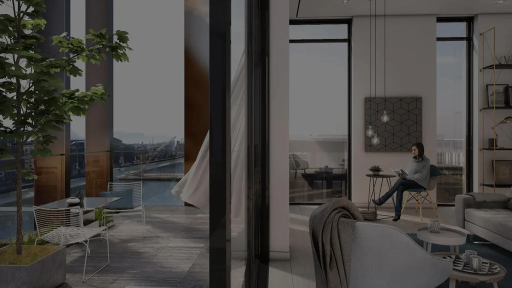 Modern apartment with city view, balcony, and river in the background; person reading in stylish living room.