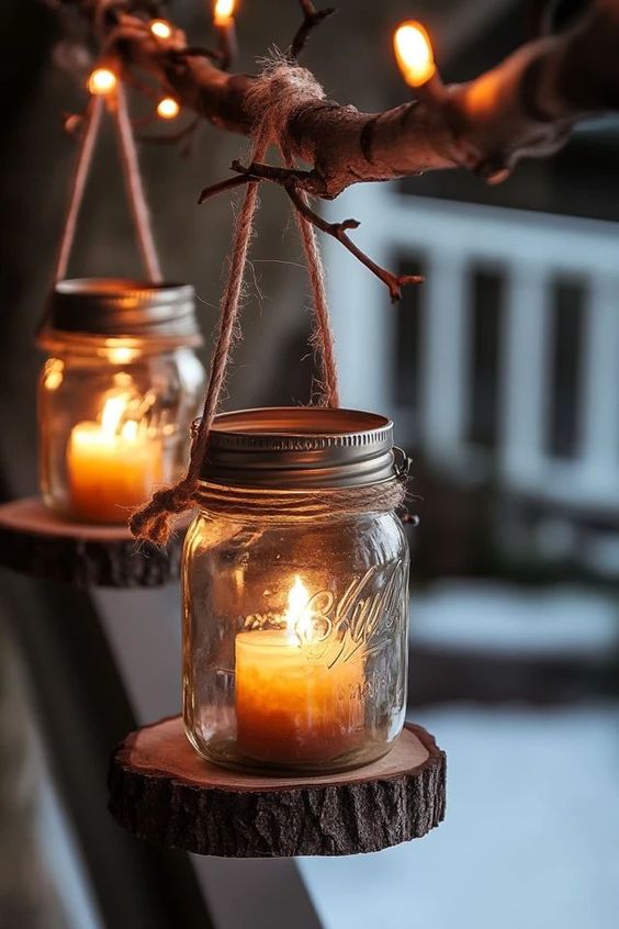 Mason jar candles hanging from rustic tree branch with twine, creating a cozy and warm outdoor ambiance with soft lighting.