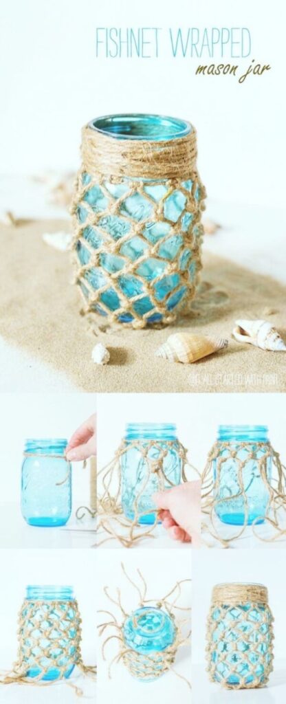 DIY fishnet-wrapped mason jar tutorial with step-by-step images, featuring a blue jar wrapped in twine netting on sandy background.