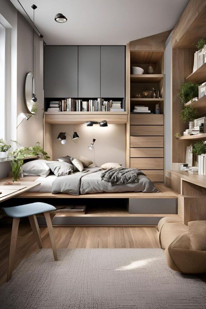 Modern minimalist bedroom with wooden accents, built-in shelves, cozy bed, desk, and sleek storage solutions.