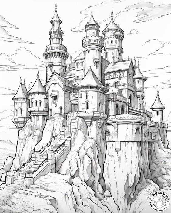 Hand-drawn fantasy castle perched on a cliff, featuring multiple turrets and staircases, evoking a medieval fairy tale.