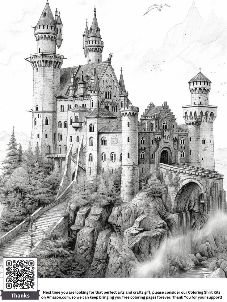 Hand-drawn castle illustration featuring towers, arched bridge over a waterfall, and surrounding trees with QR code for more info.