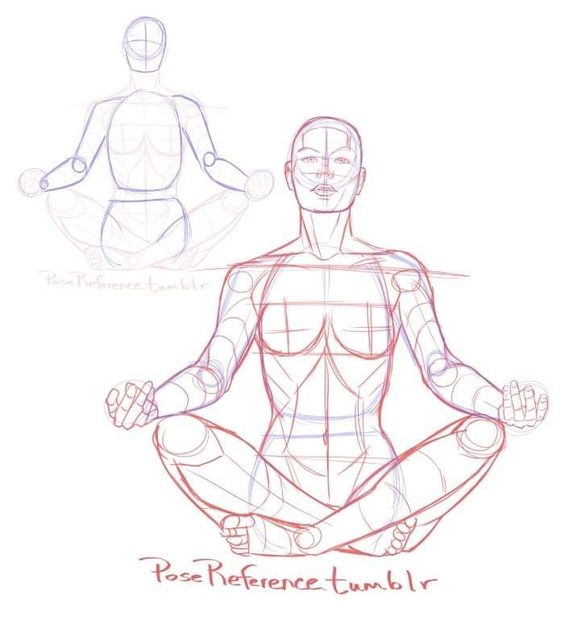 Sketch of a person in a lotus pose for drawing reference, featuring basic geometric shapes and proportion guidelines.