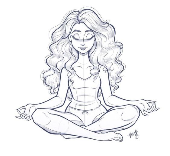 Illustration of a woman with curly hair in a seated yoga pose, meditating with eyes closed and a peaceful expression.