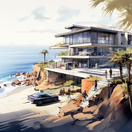 Modern beachfront mansion with glass walls, surrounded by palm trees, people, and a luxury car by the ocean.