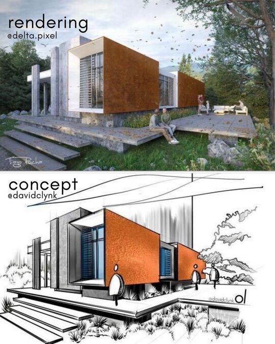 Modern house design, comparing a detailed rendering by delta.pixel and initial concept sketch by davidclynk, showcasing architecture.