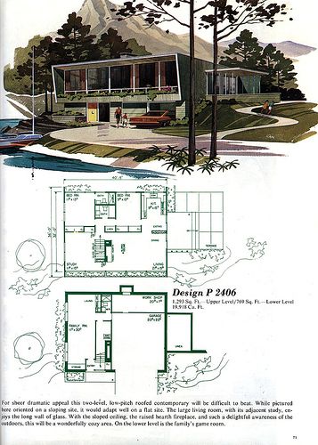 Modern architectural home design P 2406 - 1358 sq ft upper level, 799 sq ft lower level, featuring vibrant illustration and floor plans.