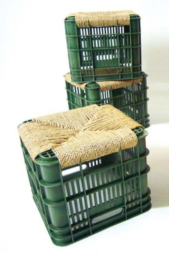 Green plastic crates repurposed into stools with woven fabric tops, eco-friendly furniture idea.