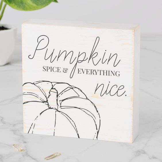 Decorative wooden sign with Pumpkin Spice & Everything Nice text and pumpkin sketch on a white marble table.