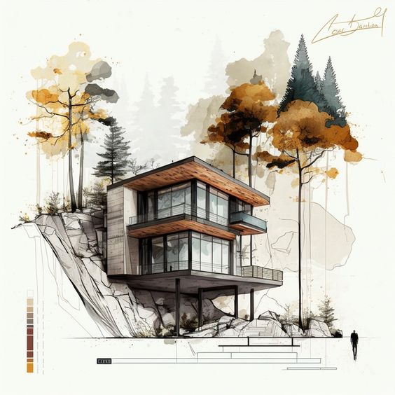 Modern architectural house on a forested cliff, showcasing sleek design and large windows, surrounded by autumn foliage.