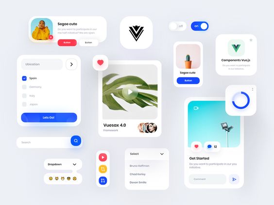 Modern UI Kit showing various design elements including toggles, dropdowns, media players, and user profile widgets.