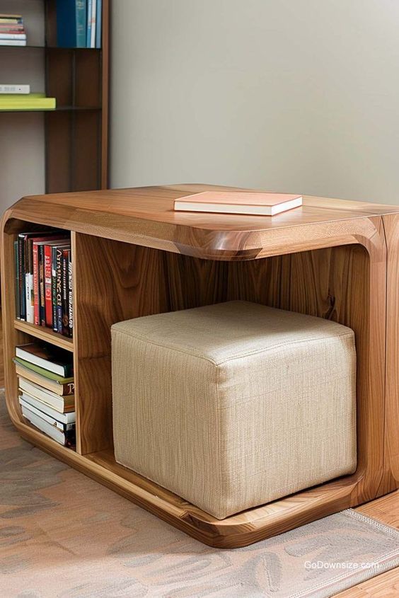 Modern wooden bookcase with built-in beige ottoman, holding books and a closed book on top, ideal for compact spaces.