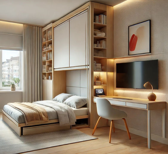 Modern bedroom with a Murphy bed, built-in shelves, study desk, and wall-mounted TV. Ideal cozy multifunctional space.