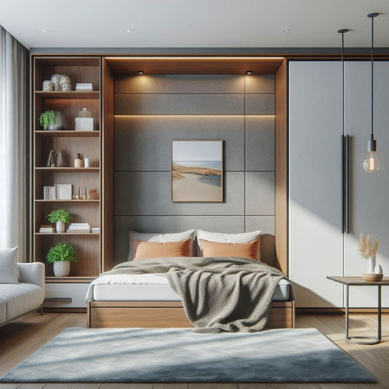 Modern bedroom with minimalist design, wooden shelves, cozy bed, and stylish decor in neutral tones.