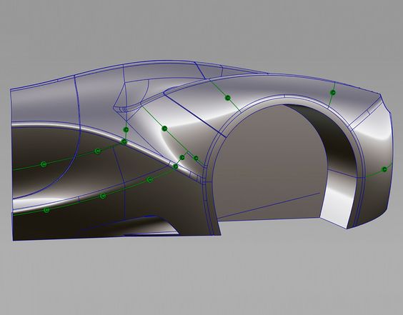 3D car model rendering with wireframe and control points, showing vehicle design details and aerodynamic flow.