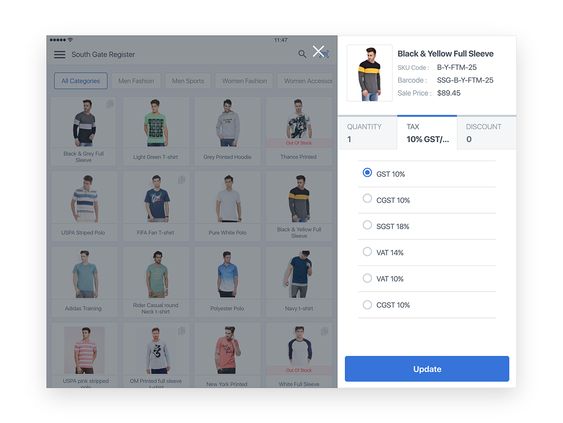 E-commerce platform displaying various men's fashion items with options to adjust tax and quantity for Black & Yellow Full Sleeve.