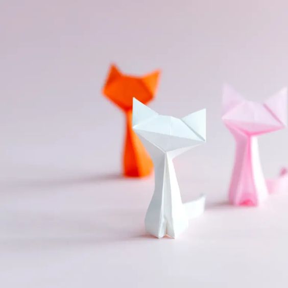 Colorful origami cats made from paper, featuring white, pink, and orange designs against a soft pink background.