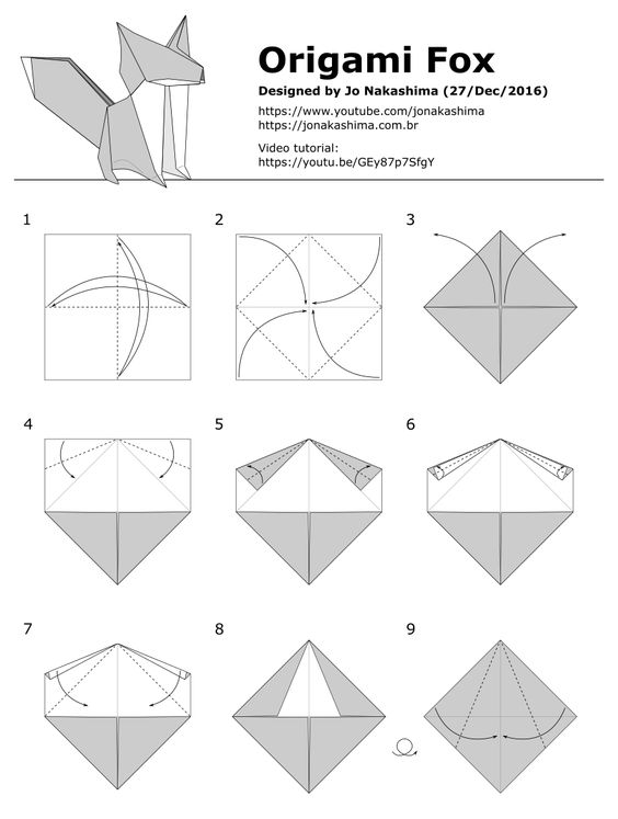 Step-by-step instructions for folding an origami fox by Jo Nakashima in nine steps with links to video tutorials.