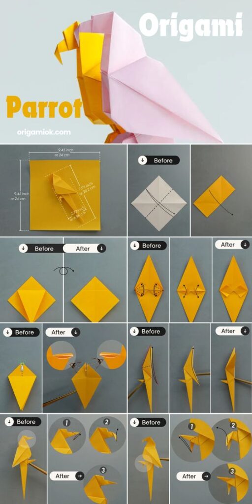 Step-by-step origami parrot instructions with illustrated folding steps and final pink and yellow paper parrot model.