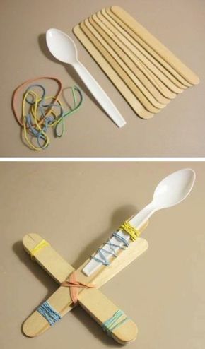 DIY catapult project made with wooden sticks, rubber bands, and a plastic spoon. Creative and fun homemade toy idea.