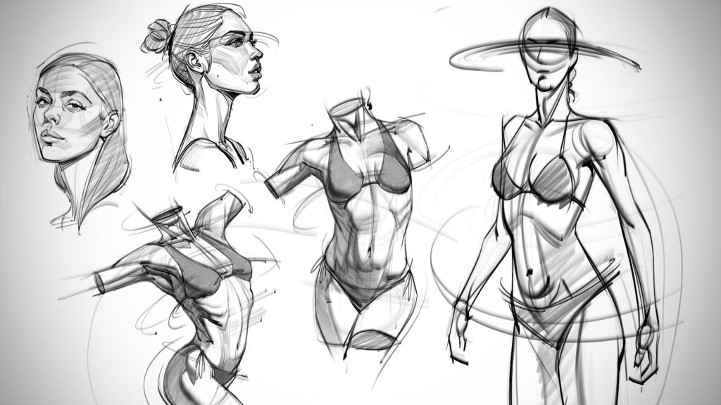 Sketches of female figures in various poses and swimsuits, highlighting anatomy, form, and art techniques.