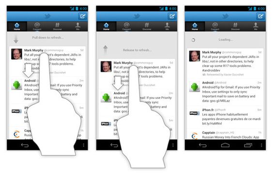 Illustration showing how to refresh Twitter feed on a smartphone by pulling down, releasing, and loading new content.