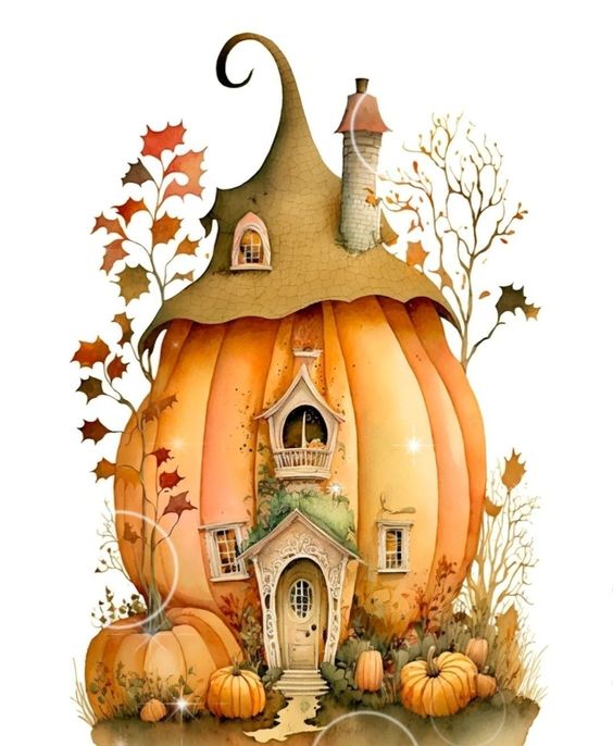 Whimsical pumpkin house with intricate details surrounded by fall foliage, capturing an enchanting autumn fairytale feel.