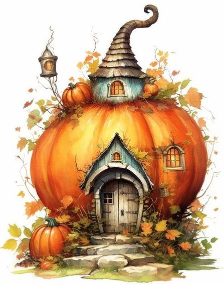 Whimsical pumpkin house with a curved roof and autumn leaves, evoking a magical, fairy-tale atmosphere.