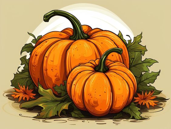 Illustration of two vibrant orange pumpkins with green stems surrounded by leaves and autumn foliage.